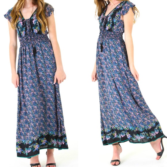 Blue Floral Smocked Boho Tassel Maxi Dress - Picture 2 of 3